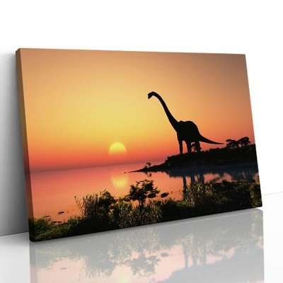 Dinosaurier Brachiosaurus Sonnenuntergang Mesozoikum gerahmter Leinwanddruck Bild Wandbild