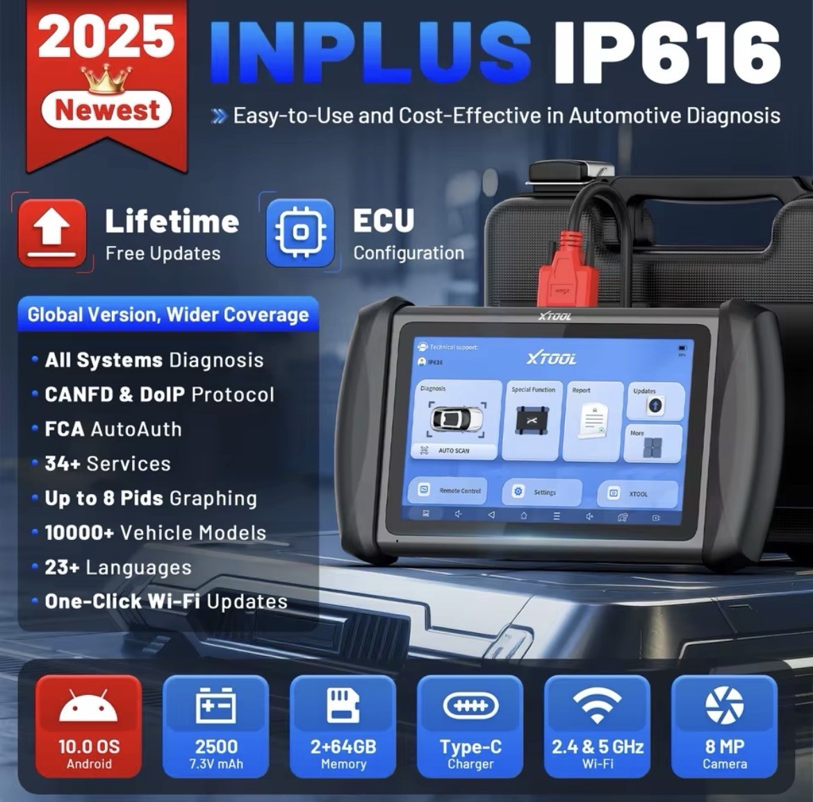XTOOL IP616 V2.0 appareil OBD2 2025 pour entretien auto et programmation de clefs à la maison