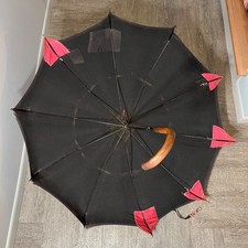Antique Vtg 44  Lrg Patched Black Popper  s Umbrella CHARACTER  Wood Hook Handle