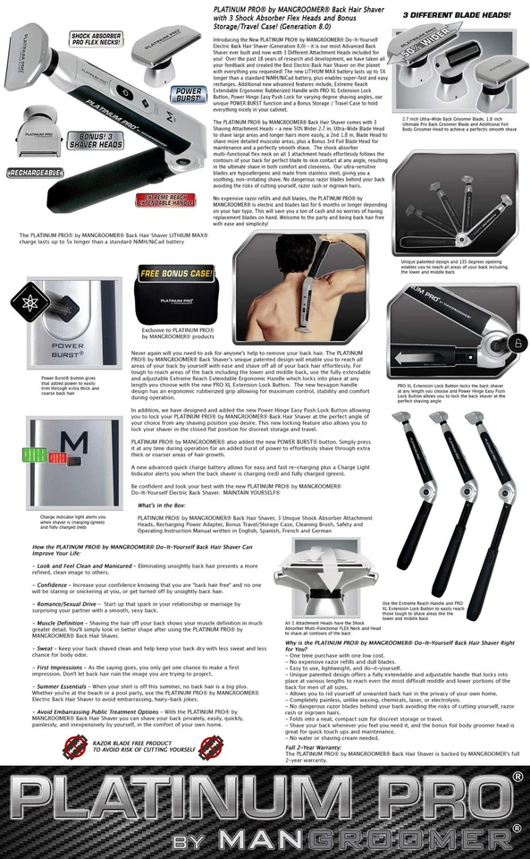  Mangroomer Platinum Pro - Barbeador traseiro com 3 cabeças flexíveis de amortecedor, NOVO - Imagem 3 de 4