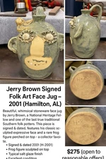 Jerry Brown Face Jug Signed 2001 Hamilton Alabama Folk Art Pottery w/ Frog