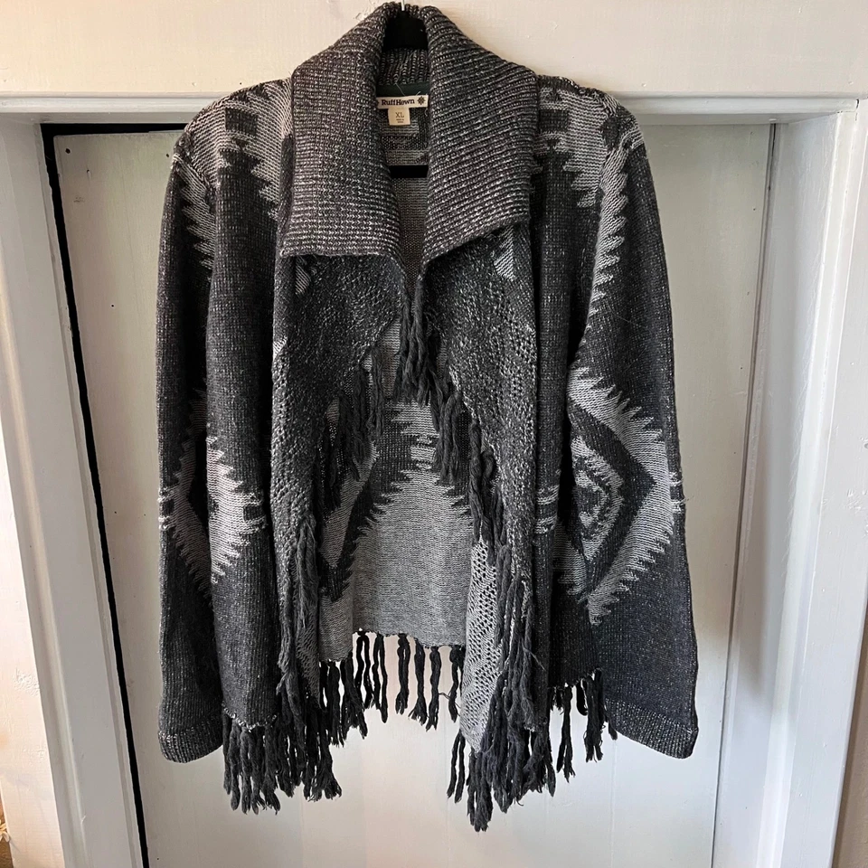 Cardigã feminino com franja asteca sudoeste talhado com babados XL suéter gola xale - Imagem 2 de 4