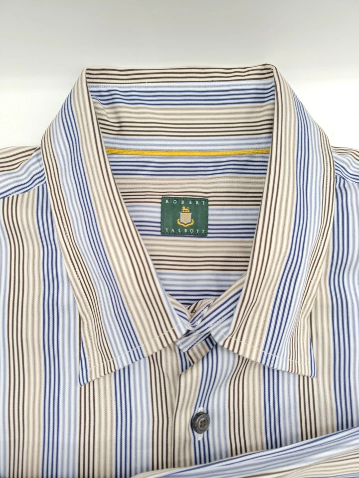 🇺🇲 Robert Talbott Men's 2XL 18.5x34 Brown Blue Stripe Hidden Button Down Shirt - Image 3 of 4