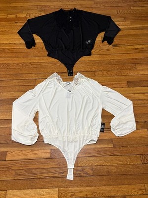 Express Womens Bodysuit Sz Large *Lot 2* Black White Lacey Long Sleeve NWT $150