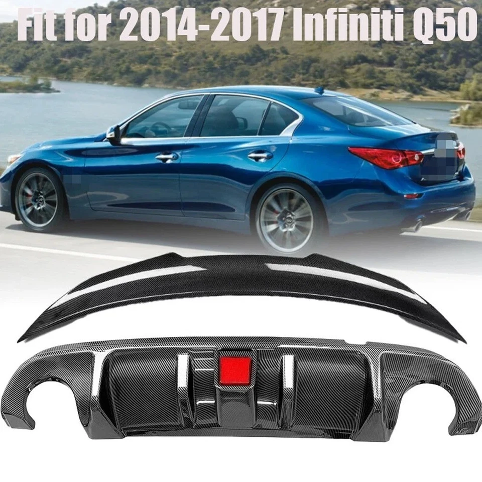 Combo difusor e spoiler para 2014-2017 Infiniti Q50 com luz de freio (fibra de carbono) - Imagem 2 de 4