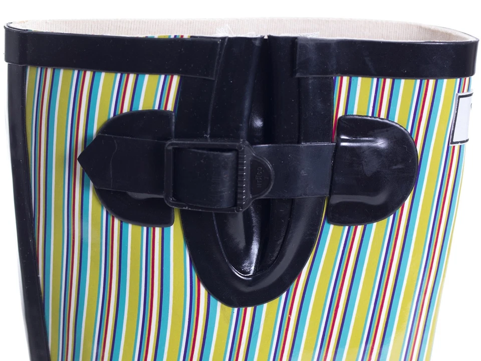 Botas de chuva femininas tamanho 11 impermeáveis alta borracha multicolorida fivela listrada - Imagem 2 de 4