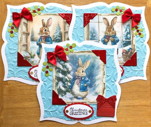 1 handgefertigte Peter Rabbit Winterszene Weihnachtskarte Topper Flatrate Porto & Verpackung