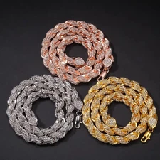 9mm Iced Out CZ Rope Chain Necklace Hip Hop For Men Rose Gold White Gold Plated