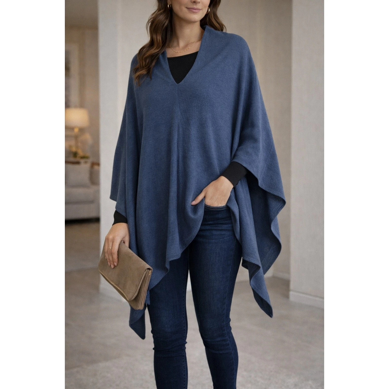 John + Jenn KERISMA Blue Jean Knit Poncho Cape One Size NWT Lightweight Wrap