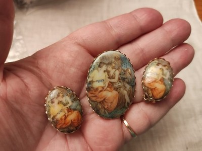 Vintage Set Of 2 Women Resting By a Stream With  Angel Brooch & Earrings 1.675''
