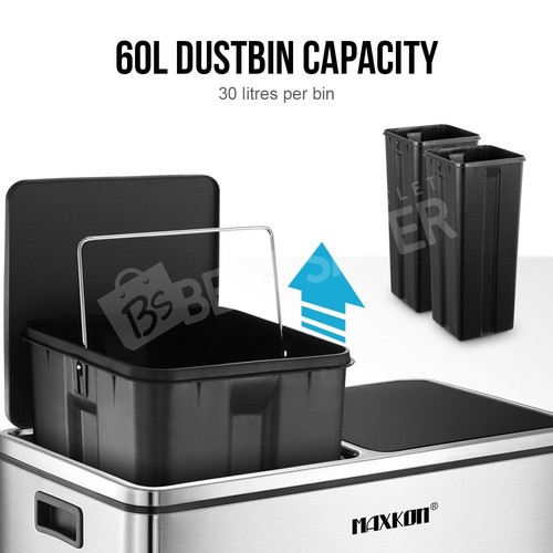 Dual Compartment Pedal Rubbish Bin Stainless Steel Garbage Waste Trash Can 60L - Picture 5 of 12