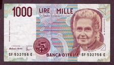 Italy 1000 Lire Banknote 1996 Condition III VF BB S/N SF532756E P. 114c Bi58F