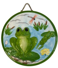 Frog Round Burner Cover or Wall Decor 11" Ceramic KK  Green 3D Electric Cover