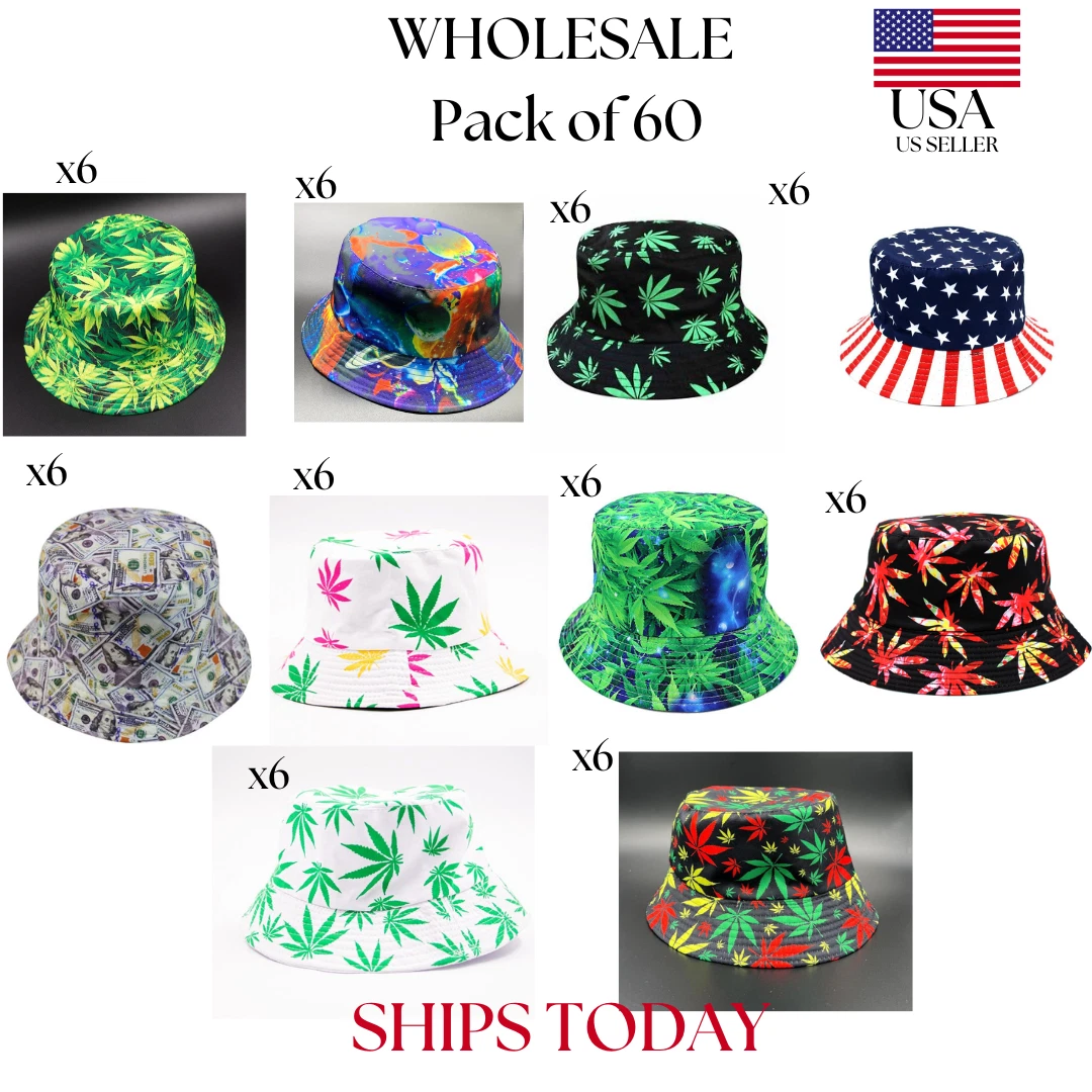 WHOLESALE Pack of 60 Bucket Hat Cap Print Style Reversible Foldable