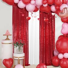 2ft x 8ft x 2Pcs Red Sequin Photography Backdrop Curtain for Wedding Party De...