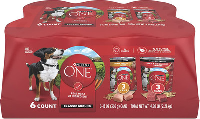 Purina ONE Classic Ground Chicken and Brown Rice, and Beef and Brown Rice Entrees Wet Dog Food Variety Pack - (Pack of 6) 13 oz. Cans