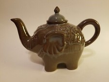 Elephant Teapot Pier 1 One Imports Stoneware Truck Up for Luck Brown w/Blue Wash