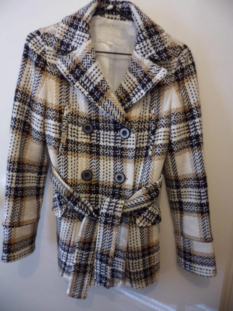 NICE CLAUP wool blend Vintage belted Jacket Coat cream brown black