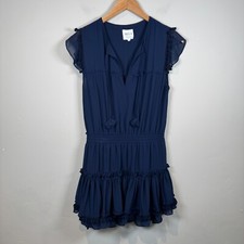MISA Los Angeles Aryana Dress Navy Small Pom Pom Mini Flutter Sleeve Tiered
