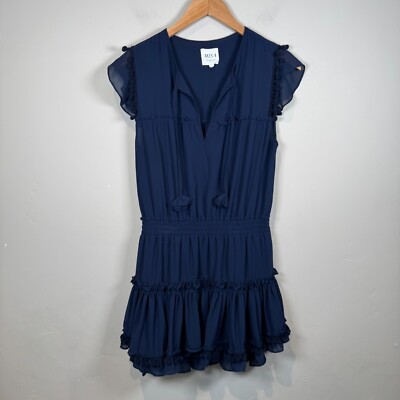 MISA Los Angeles Aryana Dress Navy Small Pom Pom Mini Flutter Sleeve Tiered