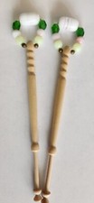 Set of 2 Carved Wood Spangled Lace Bobbins with Glass Beads