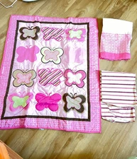 pink color / butterfly baby crib bedding set (3 pieces)