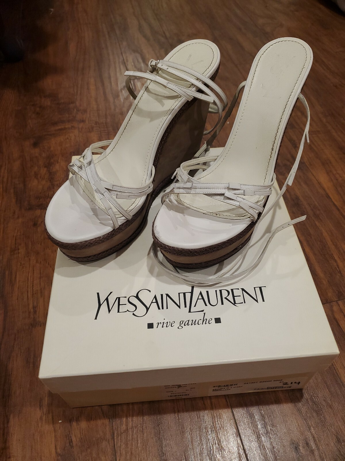 Sandalo YSL Yves Saint Laurent zeppa plateau pelle bianca marrone treccia 41 $795