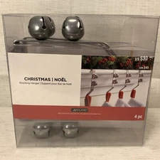 Christmas Stocking Holder Hanger with Bells Ashland Silver Metal 4-Pc Set New