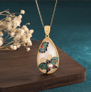 Authentic 1.7" Butterfly Jade Jewelry Cloisonne Charm Pendant Chain Necklace Gold Plated