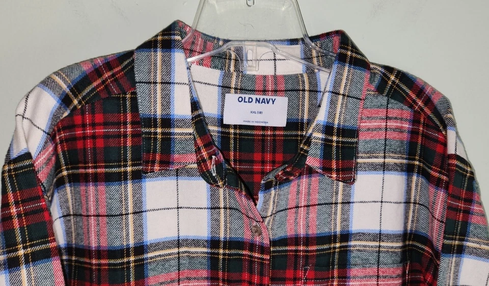 Old Navy Girls SIZE 18 Long Sleeve Tunic Length Flannel Shirt WHITE TARTAN 15724 - Image 2 of 4
