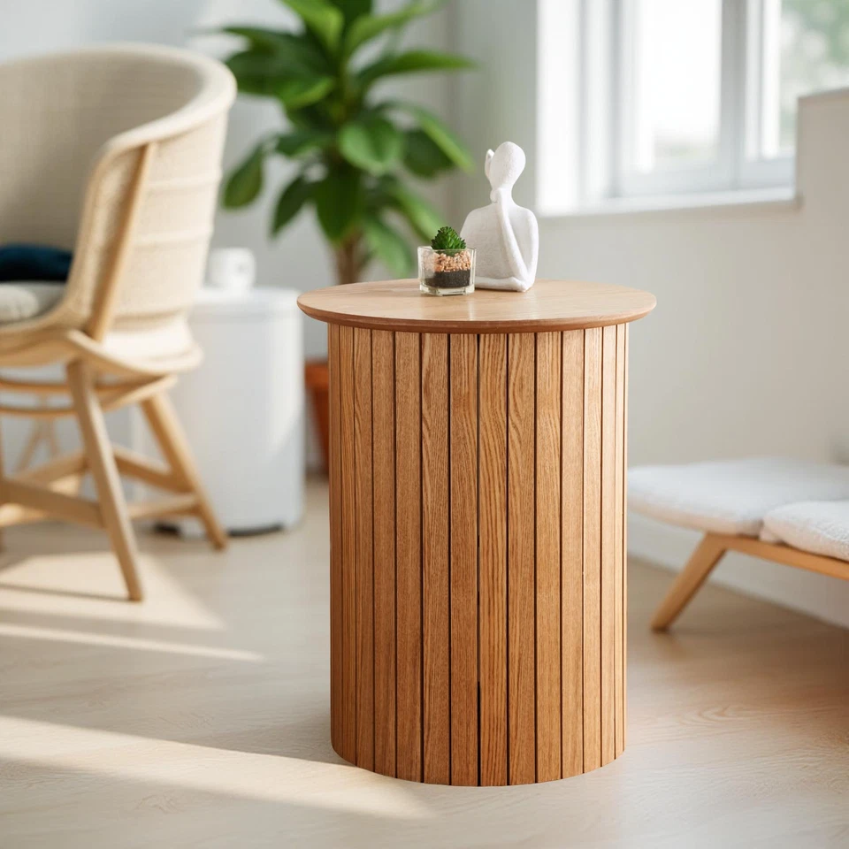 Oak Effect  Round Side Table Coffeee Table Panelled Table Home Furniture - Image 2 of 4