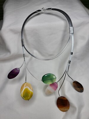 Wire Necklace  Multi Color Stones Giant Flexible  Wire Piece Handmade