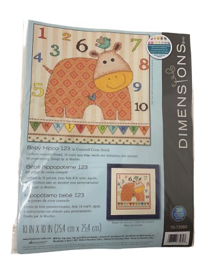 Dimensions Counted Cross Stitch Kit #70-73989 Baby Hippo 123 10'' x 10''