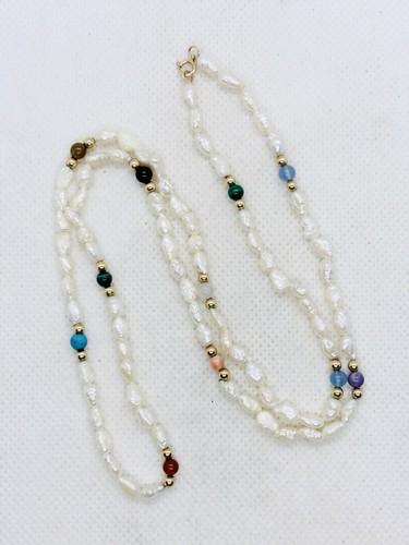 Solid 14k Yellow Gold Rice Pearl Natural Stones Beaded Necklace 24” 10.7g