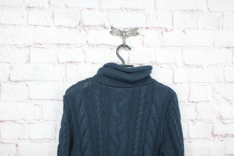 Suéter LL Bean Para Mujer Doble L Cable Mixto Cuello Embudo Clásico Azul Marino Talla M Foto 4 de 4