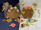 Vtg Floral Costume Jewelry Lot Rhinestone Enamel Brooches Earrings Matched Set