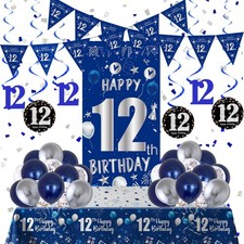 12th Birthday Decorations for Boys Girls, Blue Silver Happy 12th Birthday Par...