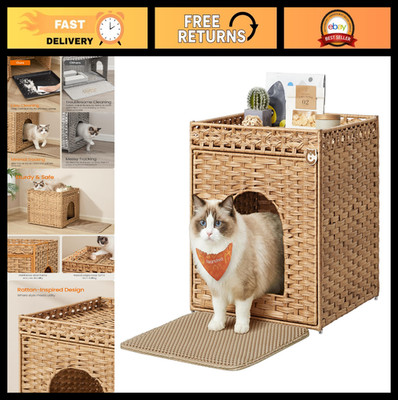Handwoven Rattan Cat Litter Box Enclosure, Hidden Furniture, Washable Tray, Boho