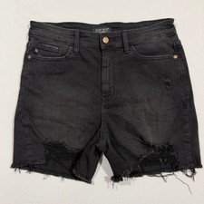 Judy Blue Denim Shorts Womens L Black Distressed Frayed Hem High Rise JB15272BK