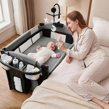 4 in 1 Portable Baby Playard, Baby Bedside Crib, Grey
