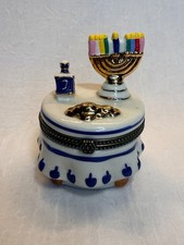 VTG Porcelain Hanukkah Hinged Trinket Box Menorah Dreidel Gelt Gift Judaica