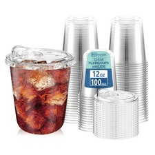 100 Pack 12 oz BPA-Free Clear Plastic Cups with Sip Lids - Leak-Proof Round B...