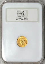 1854-P Gold Dollar Type 2 NGC MS62 Old Fatty Holder Gorgeous! #12EZC