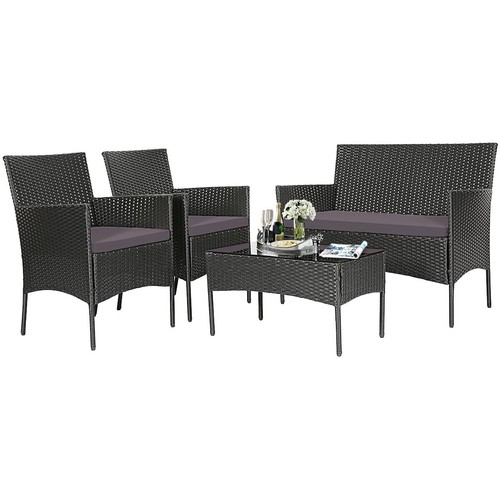 4PCS Patio Rattan Furniture Set Cushioned Sofa Coffee Table Backyard Porch Grey