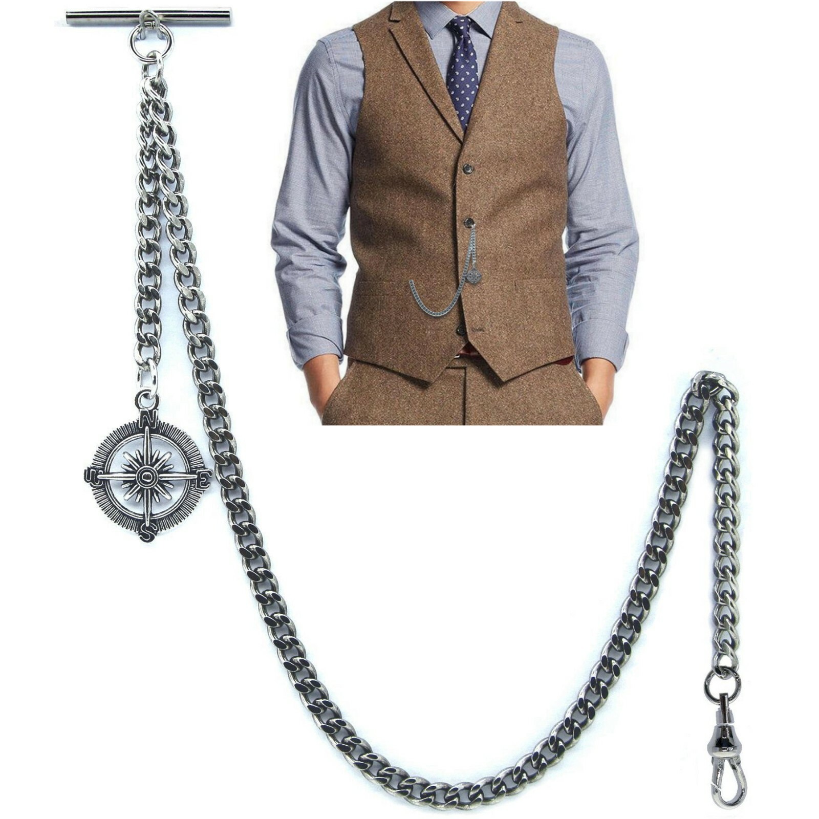 Albert Chain Silver Pocket Watch Chain for Men with Compass Design Fob