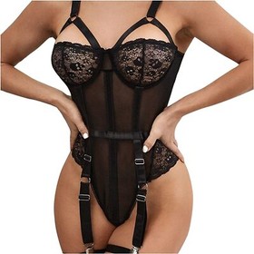 Sexy Lace Cup Body Stocking Lingerie Strappy Bodysuit with Garter Belt Underwear