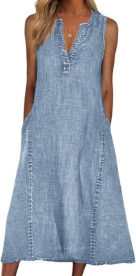 Women Casual Sleeveless Denim Midi Dress A Line Dress Mid Long Tank Dress Jean