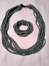 Multi Strand Seed Bead 24'in. Necklace 7,5in. Bracelet Aqua Jewelry Set