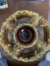 Mid Century Deforest Floentine USA Pottery Green & Brown Lazy Susan On Wood Tray