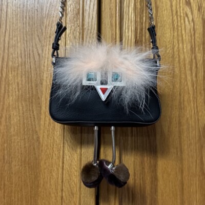 NWT Rare FENDI Whimsical Face Micro Calfskin Genuine Fur Baguette Small  Mini Bag